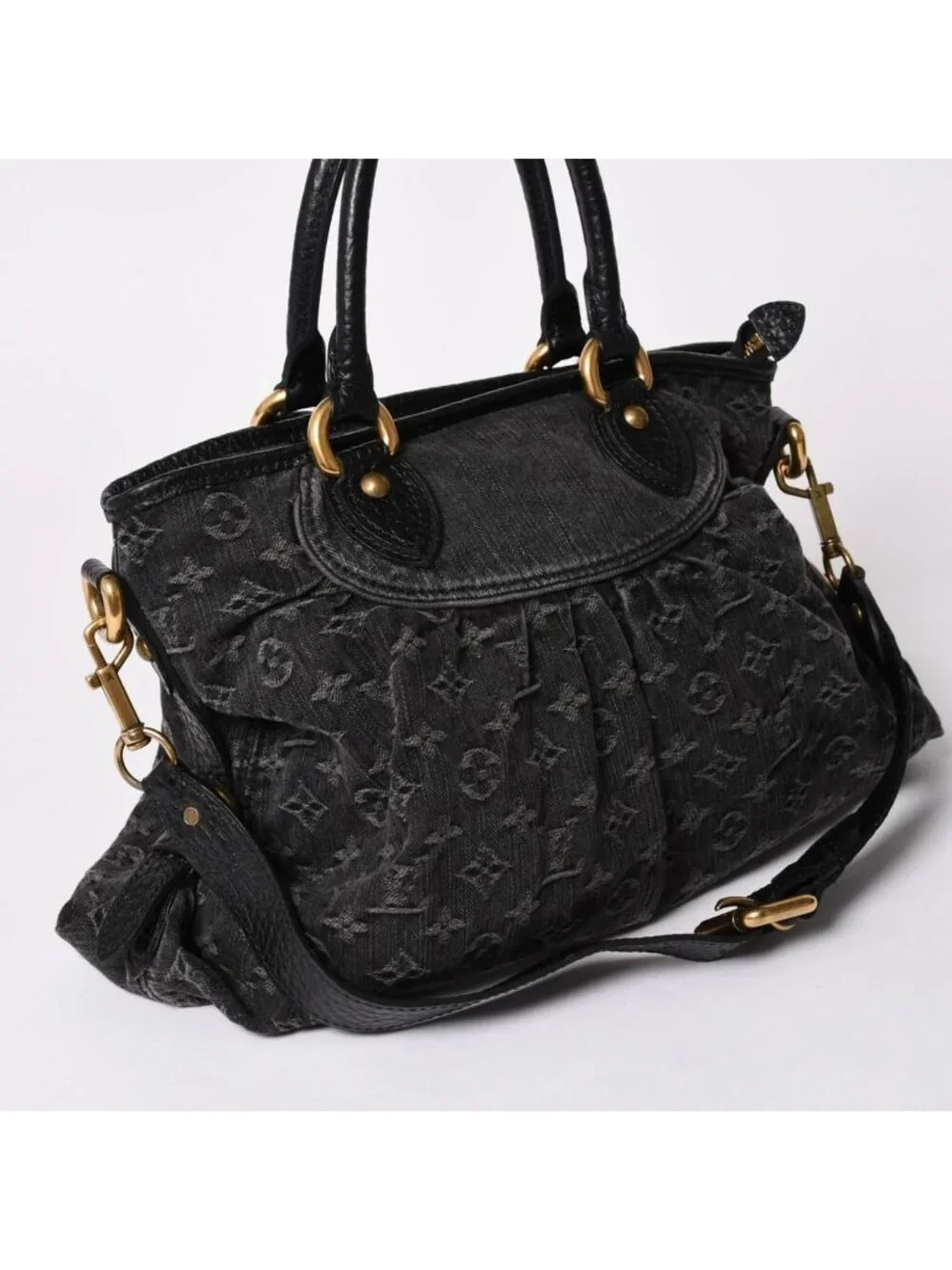 Louis Vuitton Shoulder Bag Slightly Monogram Denim Black Gold